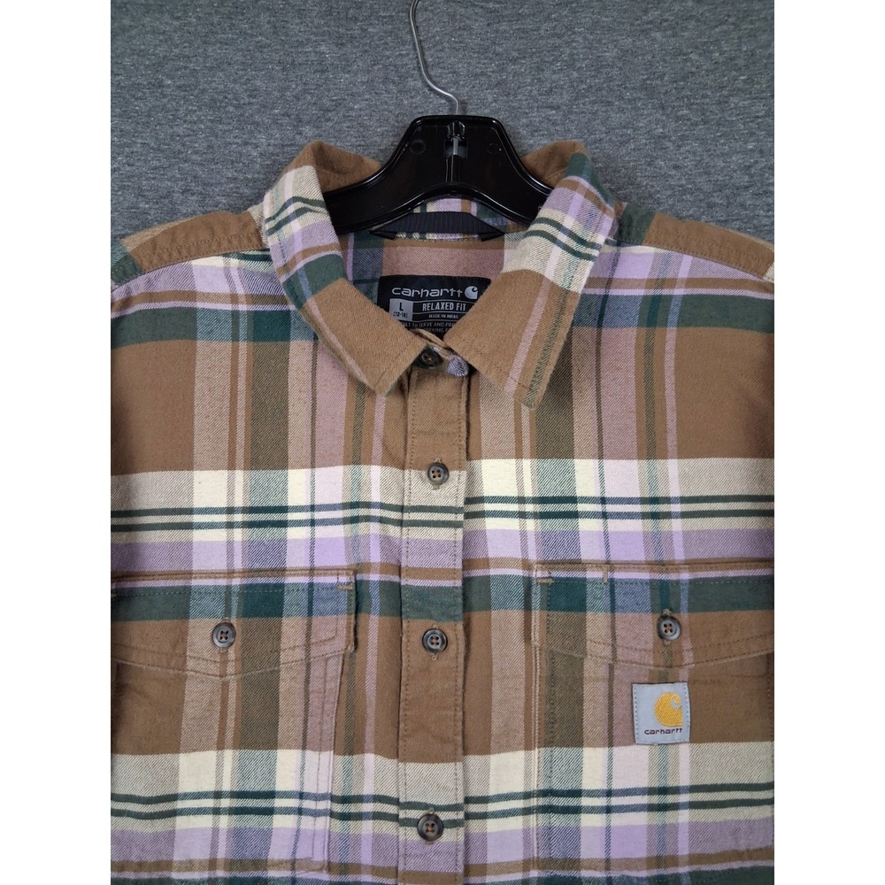 Carhartt Womens Shirt L Brown Flannel Plaid Button Up Ranch Western Work Rodeo
